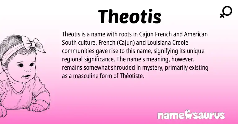 Infographic about Theotis name meaning, Theotis is a name from French (Cajun), Louisiana Creole, American (South) origin(s).