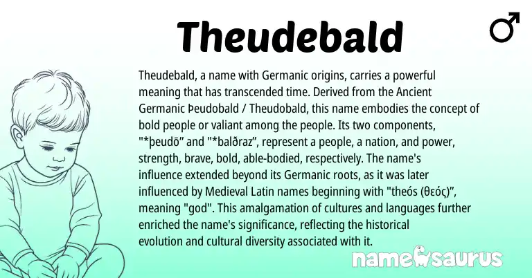 Infographic about Theudebald name meaning, Theudebald is a name from Medieval Latin, Germanic, Ancient Germanic origin(s).