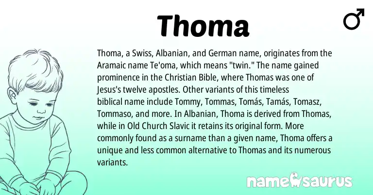 Infographic about Thoma name meaning, Thoma is a name from Swiss, Albanian, Old Church Slavic, Aramaic, German origin(s).