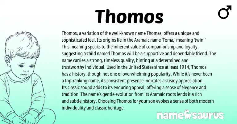 Infographic about Thomos name meaning, Thomos is a name from Aramaic, English origin(s).