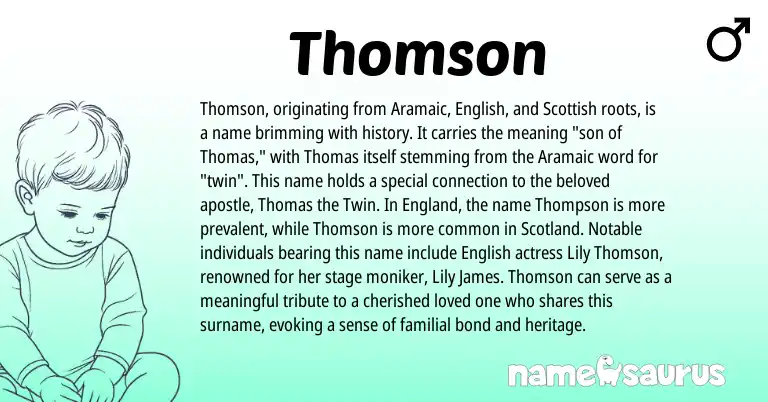 Infographic about Thomson name meaning, Thomson is a name from Aramaic, English, Scottish, England origin(s).