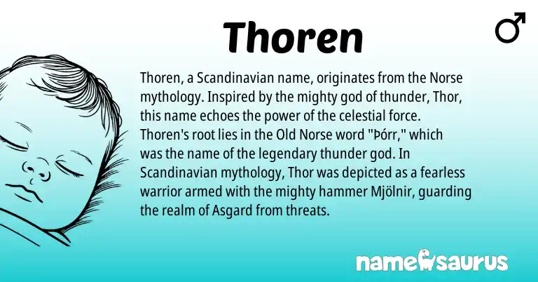 Infographic about Thoren name meaning, Thoren is a name from Scandinavian, Old Norse, Norse origin(s).