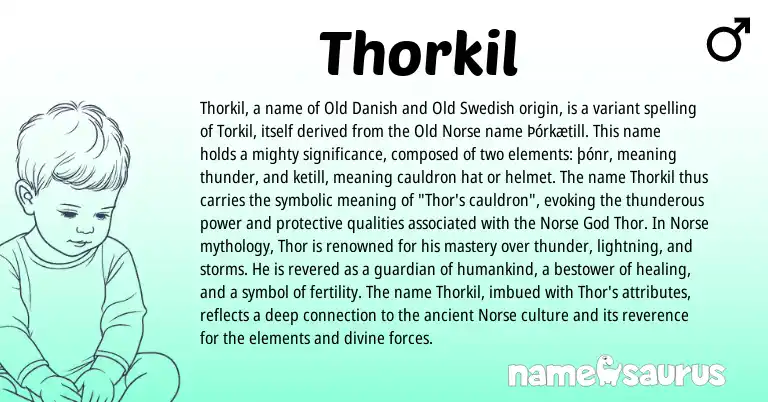 Infographic about Thorkil name meaning, Thorkil is a name from Old Norse, Old Swedish, Norse, Old Danish origin(s).