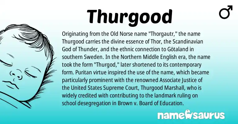 Infographic about Thurgood name meaning, Thurgood is a name from Middle English, Old Norse, Scandinavian, United States origin(s).