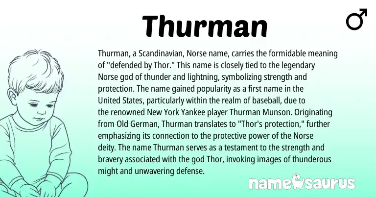 Infographic about Thurman name meaning, Thurman is a name from Old German, Scandinavian, United States, Norse origin(s).