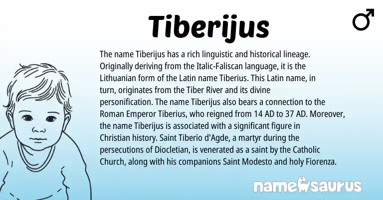 Infographic about Tiberijus name meaning, Tiberijus is a name from Lithuanian, Roman, Latin origin(s).