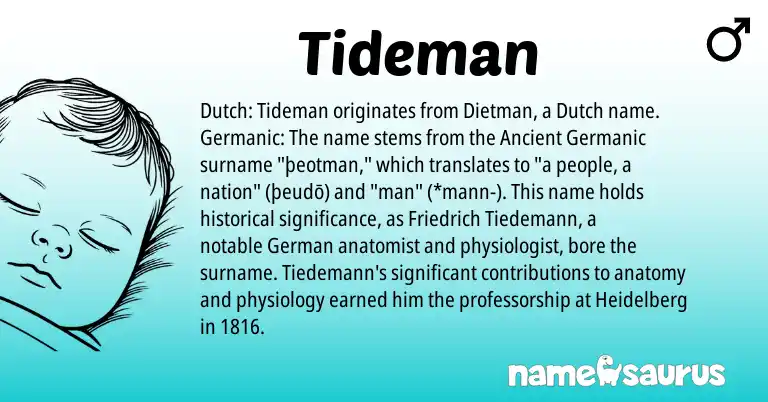 Infographic about Tideman name meaning, Tideman is a name from German, Dutch, Germanic, Ancient Germanic origin(s).
