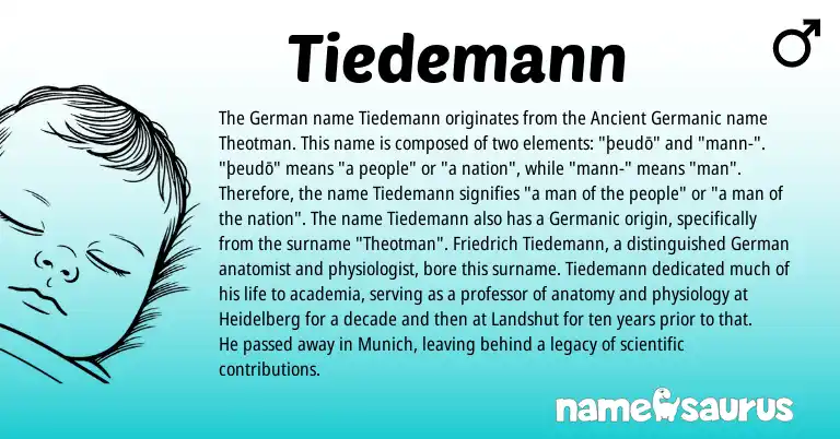 Infographic about Tiedemann name meaning, Tiedemann is a name from German, Germanic, Ancient Germanic origin(s).