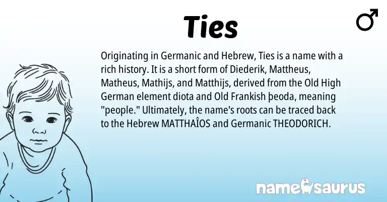Infographic about Ties name meaning, Ties is a name from Old High German, Germanic, Frankish, Hebrew origin(s).