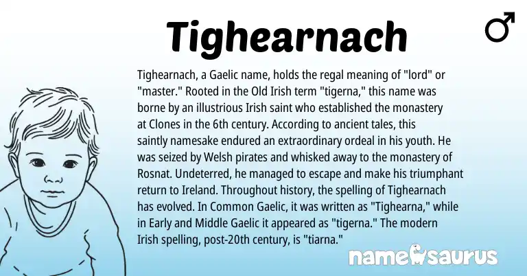 Infographic about Tighearnach name meaning, Tighearnach is a name from Irish, Ireland, Welsh, Gaelic, Old Irish origin(s).