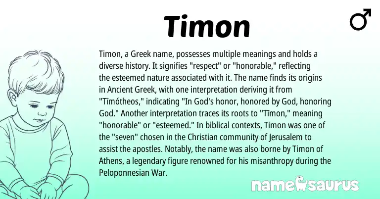 Infographic about Timon name meaning, Timon is a name from Ancient Greek, Greek origin(s).