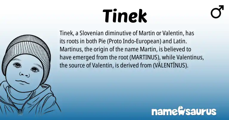 Infographic about Tinek name meaning, Tinek is a name from Pie, Latin, European, Slovenian origin(s).