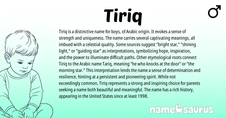 Infographic about Tiriq name meaning, Tiriq is a name from Arabic origin(s).