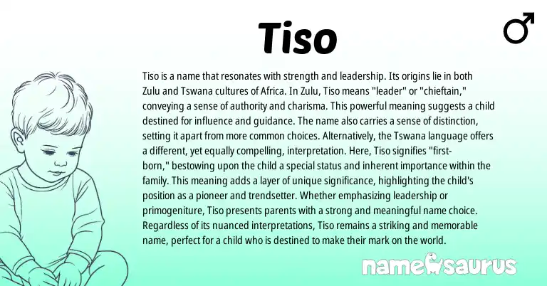 Infographic about Tiso name meaning, Tiso is a name from Zulu origin(s).