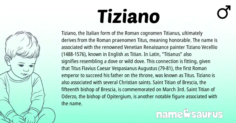 Infographic about Tiziano name meaning, Tiziano is a name from Venetian, English, Roman, Latin, Italian origin(s).