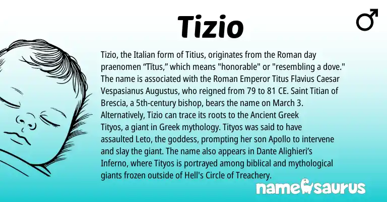 Infographic about Tizio name meaning, Tizio is a name from Greek, Ancient Greek, Roman, Italian origin(s).