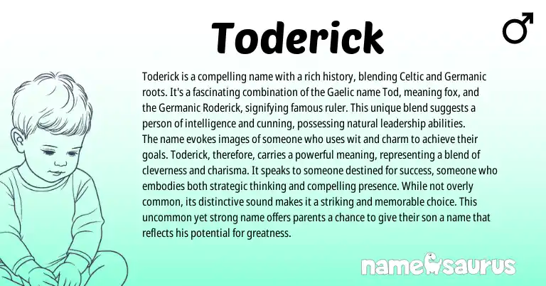 Infographic about Toderick name meaning, Toderick is a name from Germanic, Gaelic, Celtic origin(s).