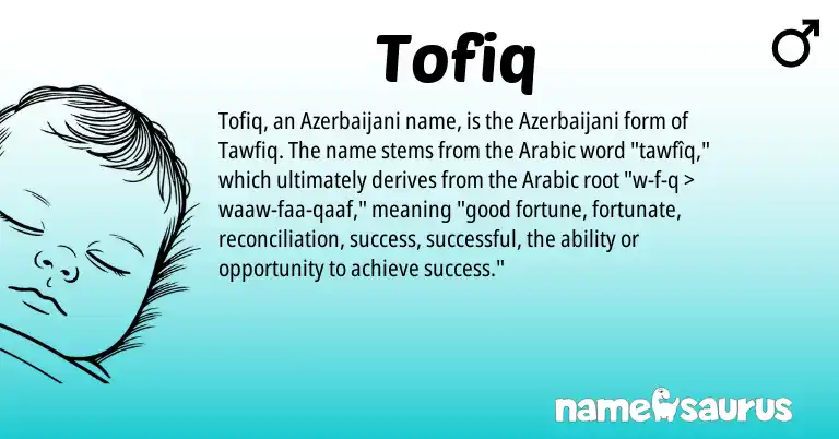 Infographic about Tofiq name meaning, Tofiq is a name from Arabic, Azerbaijani origin(s).