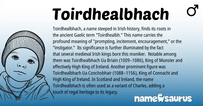 Infographic about Toirdhealbhach name meaning, Toirdhealbhach is a name from Irish, Gaelic, Ireland origin(s).