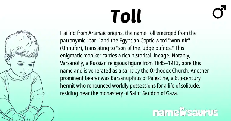 Infographic about Toll name meaning, Toll is a name from Aramaic, Russian, Palestine, Egyptian, Coptic origin(s).