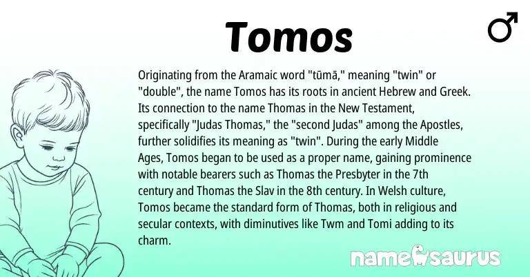 Infographic about Tomos name meaning, Tomos is a name from Aramaic, Welsh, Hebrew, Greek origin(s).