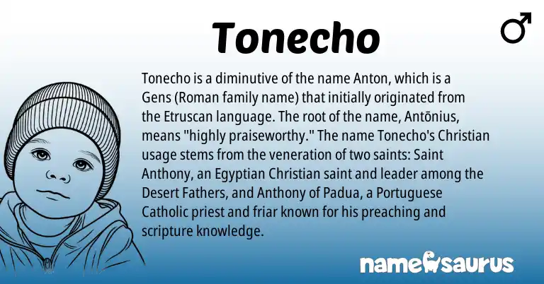 Infographic about Tonecho name meaning, Tonecho is a name from Etruscan, Roman, Egyptian, Portuguese origin(s).