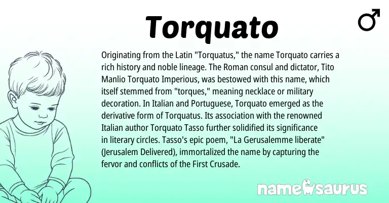 Infographic about Torquato name meaning, Torquato is a name from Roman, Portuguese, Latin, Italian origin(s).