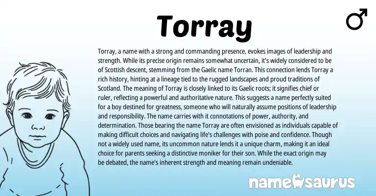 Infographic about Torray name meaning, Torray is a name from Scandinavian, Gaelic, English, Scottish origin(s).