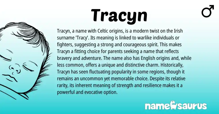 Infographic about Tracyn name meaning, Tracyn is a name from Celtic, Irish origin(s).