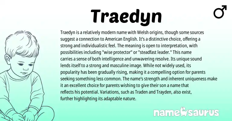 Infographic about Traedyn name meaning, Traedyn is a name from Welsh origin(s).