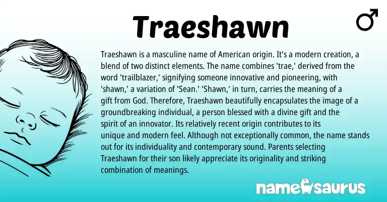 Infographic about Traeshawn name meaning, Traeshawn is a name from American, English origin(s).