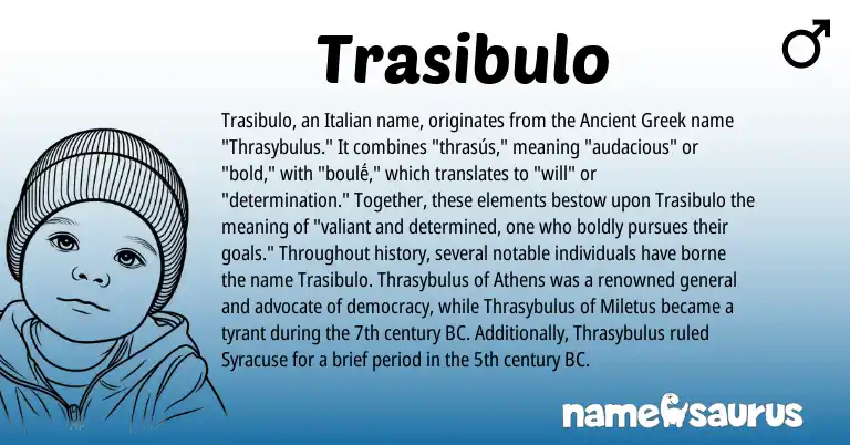 Infographic about Trasibulo name meaning, Trasibulo is a name from Ancient Greek, Italian origin(s).