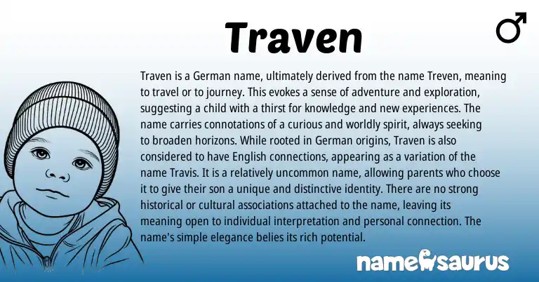 Infographic about Traven name meaning, Traven is a name from Germanic, Celtic origin(s).