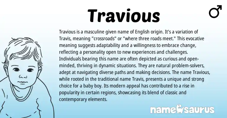 Infographic about Travious name meaning, Travious is a name from English origin(s).