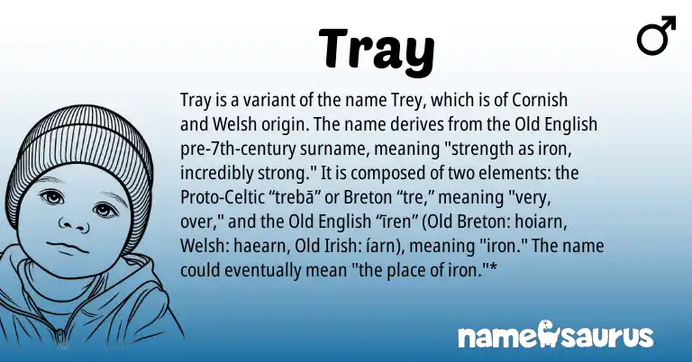 Infographic about Tray name meaning, Tray is a name from Cornish, Breton, Welsh, Old English, Old Irish, Proto-Celtic origin(s).