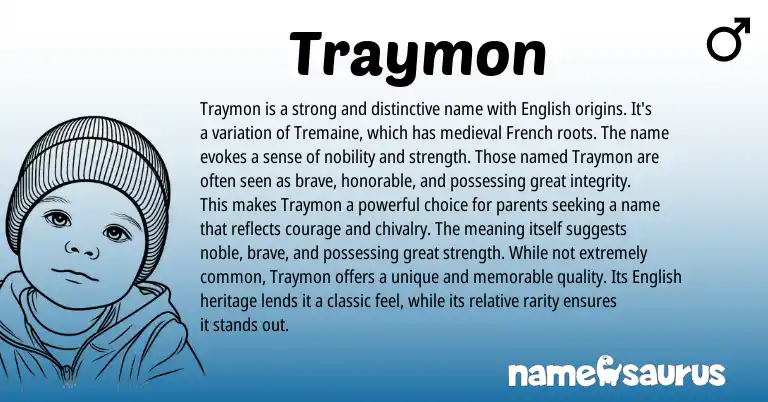 Infographic about Traymon name meaning, Traymon is a name from French, English origin(s).
