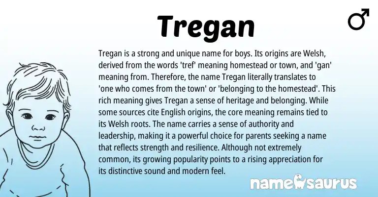Infographic about Tregan name meaning, Tregan is a name from Welsh, Gaelic, Ga origin(s).