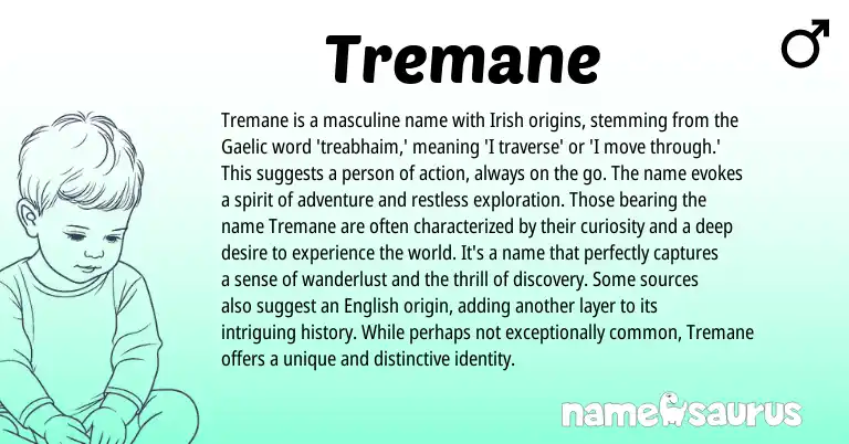 Infographic about Tremane name meaning, Tremane is a name from Gaelic, English, Irish origin(s).