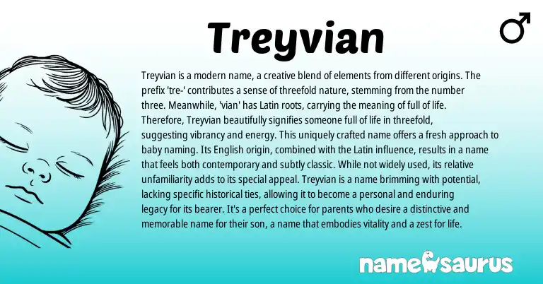 Infographic about Treyvian name meaning, Treyvian is a name from Latin, English origin(s).