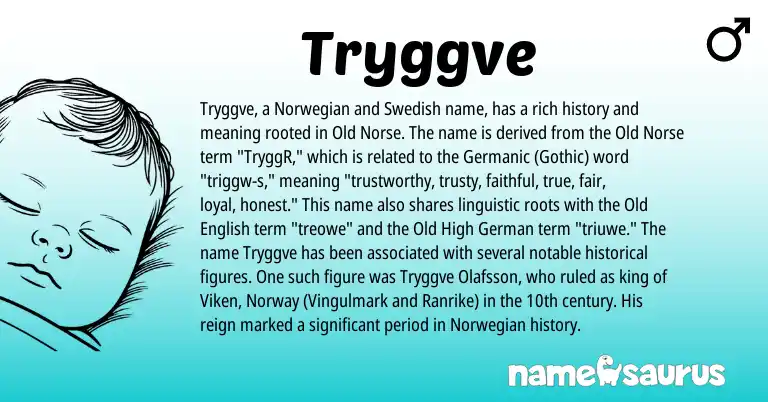 Infographic about Tryggve name meaning, Tryggve is a name from Old Norse, Old High German, Norwegian, Swedish, Germanic, Norway, Old English, Gothic origin(s).
