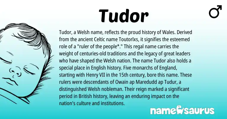Infographic about Tudor name meaning, Tudor is a name from British, English, Welsh, England, Celtic origin(s).