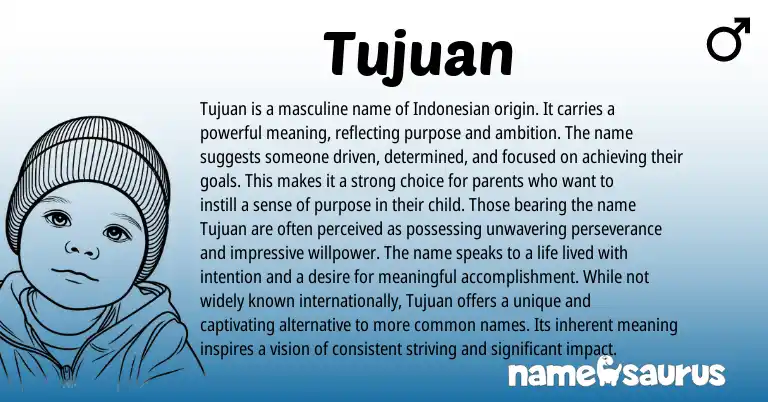 Infographic about Tujuan name meaning, Tujuan is a name from Indonesian origin(s).