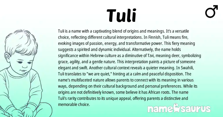 Infographic about Tuli name meaning, Tuli is a name from Hebrew, Swahili, Bengali, Ga, Finnish origin(s).