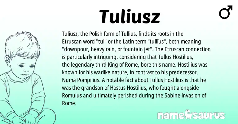 Infographic about Tuliusz name meaning, Tuliusz is a name from Etruscan, Polish, Latin origin(s).