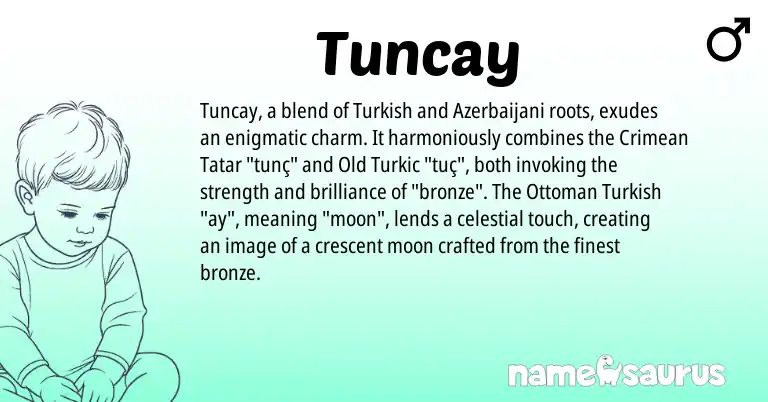 Infographic about Tuncay name meaning, Tuncay is a name from Azerbaijani, Crimean Tatar, Ottoman Turkish, Turkish origin(s).