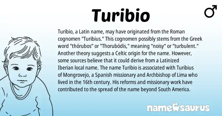 Infographic about Turibio name meaning, Turibio is a name from Spanish, Roman, Latin, Celtic, Greek origin(s).