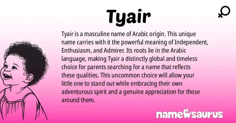 Infographic about Tyair name meaning, Tyair is a name from Arabic origin(s).