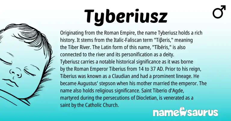 Infographic about Tyberiusz name meaning, Tyberiusz is a name from Roman, Latin origin(s).