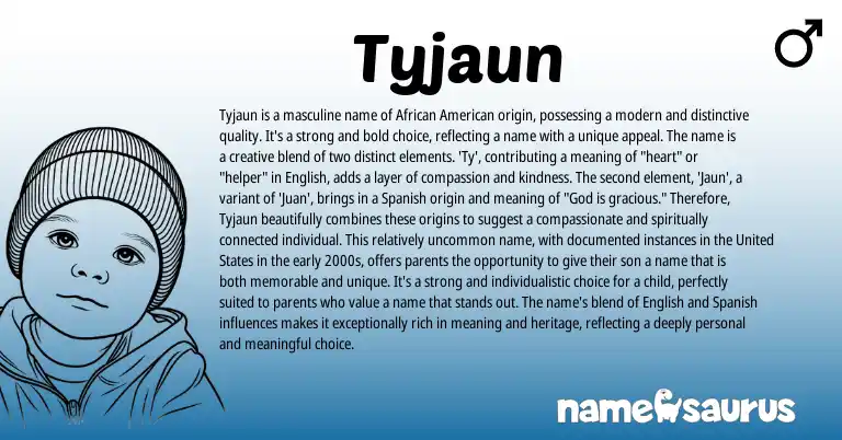 Infographic about Tyjaun name meaning, Tyjaun is a name from English, African, Spanish, American origin(s).