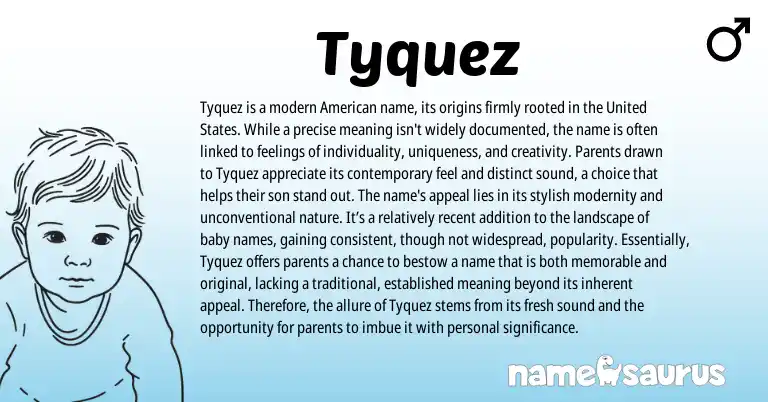 Infographic about Tyquez name meaning, Tyquez is a name from American origin(s).